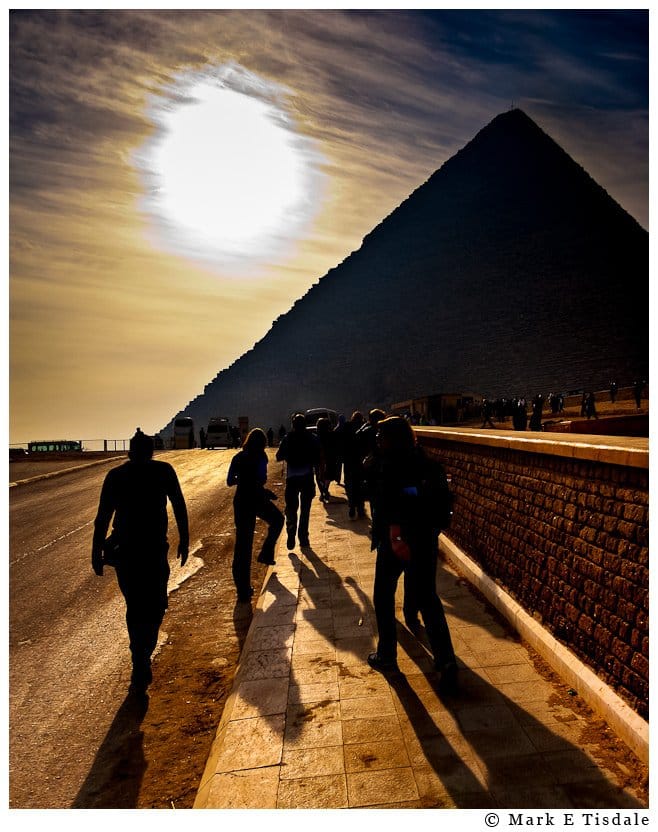 Photo of fellow travelers approaching the famous pyramid for the first time
