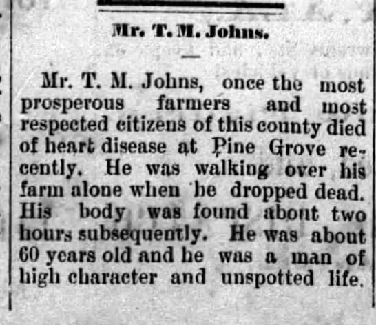 Obituary for Thomas M. Johns of Bullock County Alabama in 1885