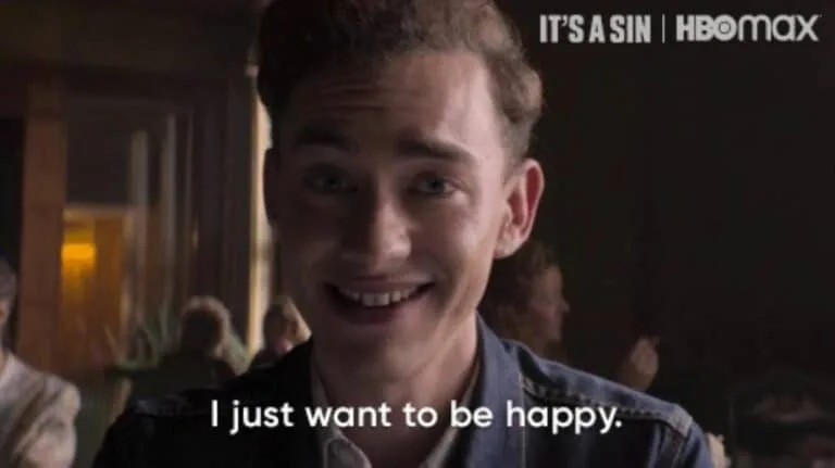 Screenshot of Ritchie from It's a Sin with the text "I just want to be happy."