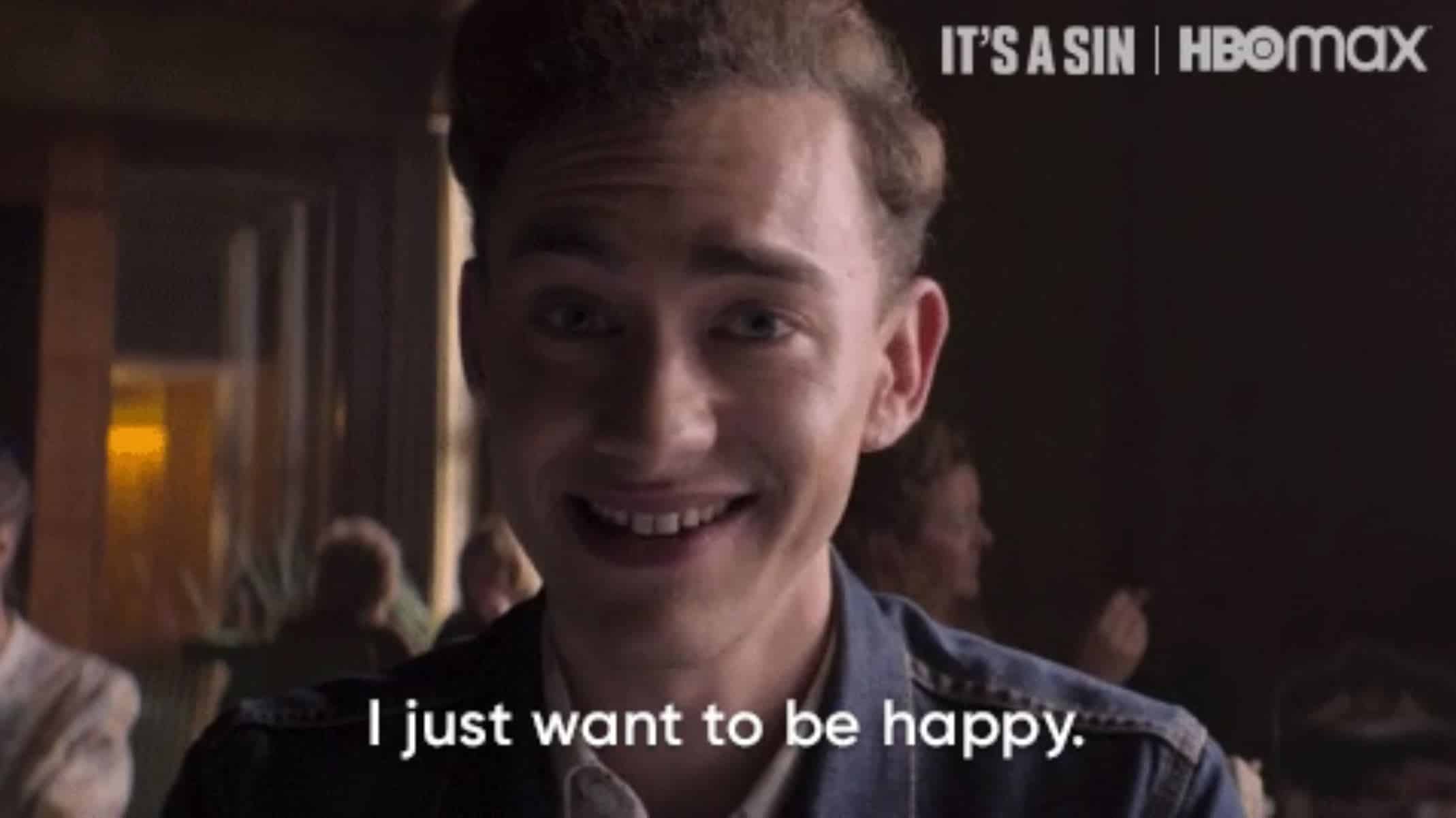 Screenshot of Ritchie from It's a Sin with the text "I just want to be happy."
